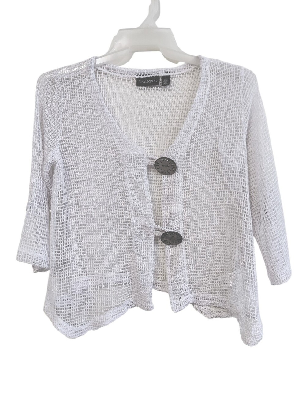 Nina Leonard White Open-Weave Button-Front Cardigan